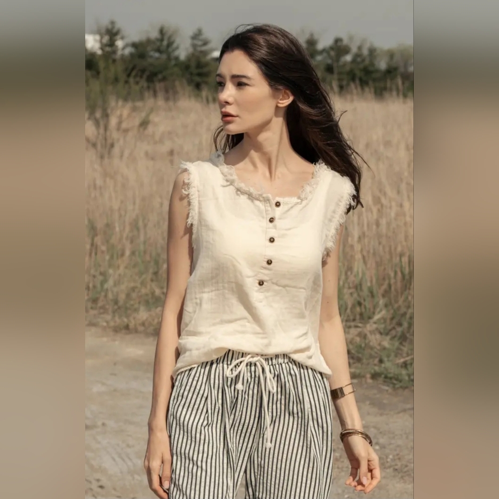 Frayed Edge Cream Button-Up Top